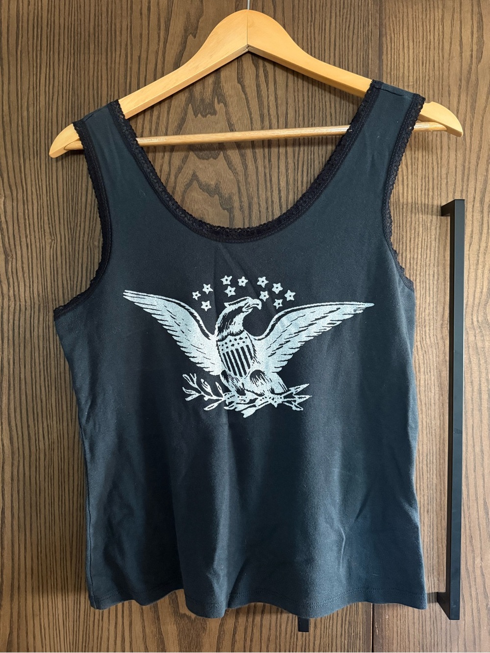 Free People Black Tank with White Eagle Graphic and Lace Trim Bandit Brand M